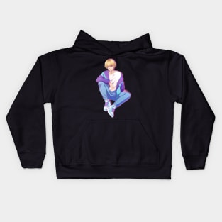The stylish anime boy from 90s (purple background) Kids Hoodie